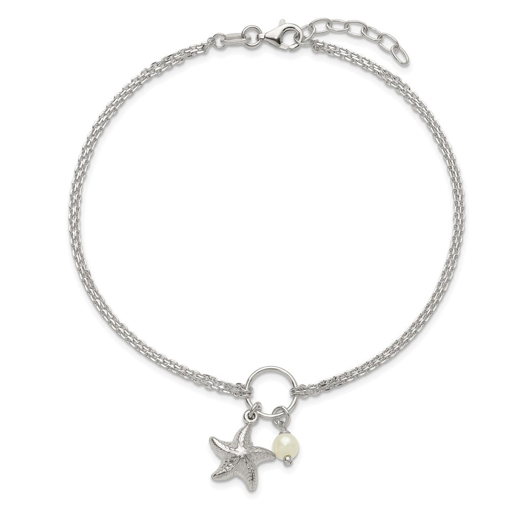 Sterling Silver Polished Freshwater Cultured Pearl with 3D Starfish Double Strand 9 inch with 1 inch Extension Anklet