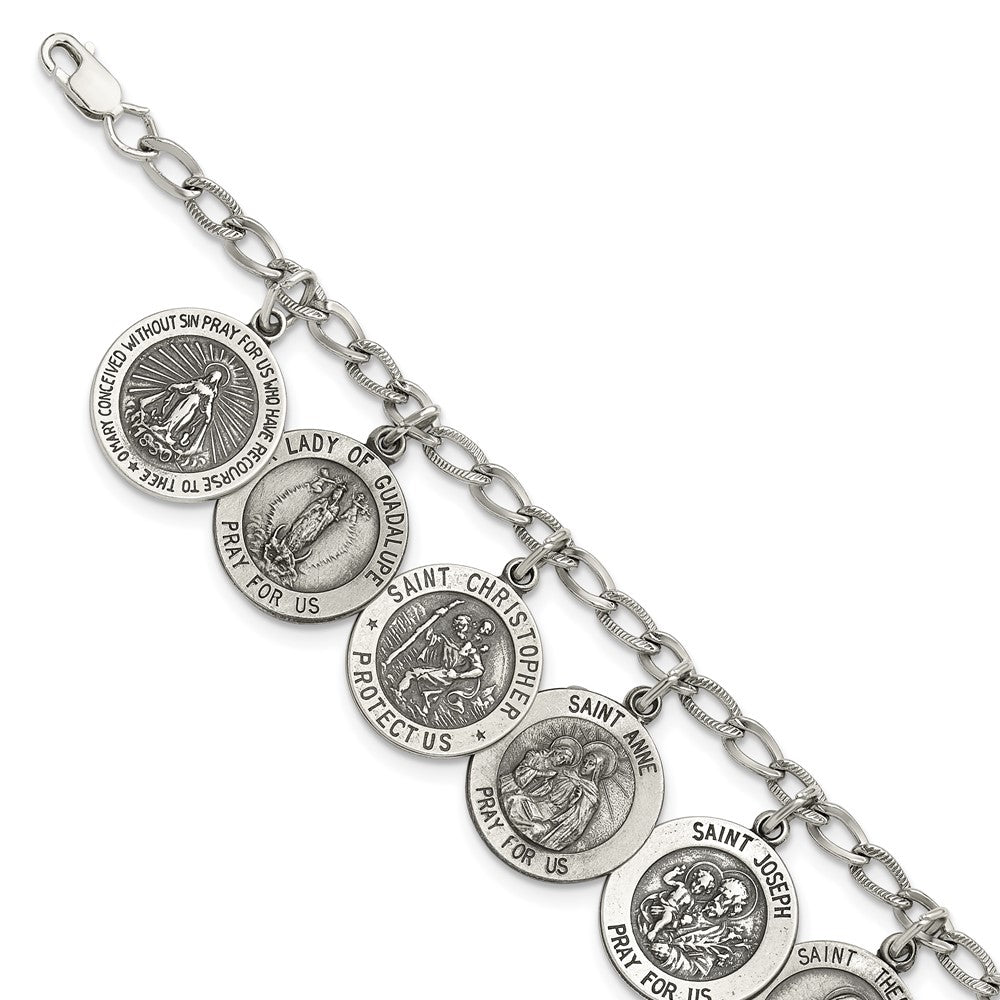 Sterling Silver Antiqued 12 Saints 8in Bracelet 7 inches