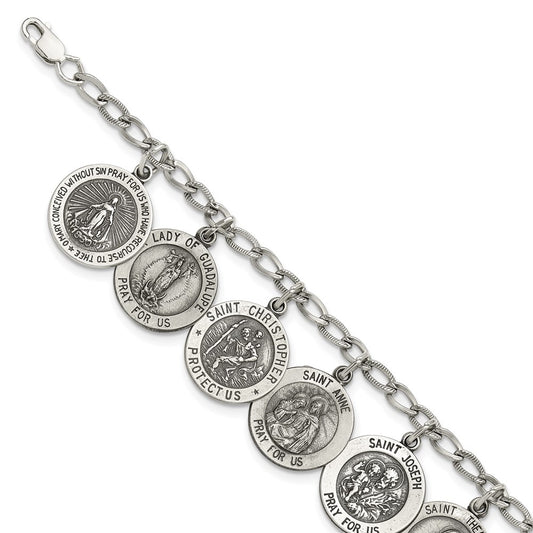 Sterling Silver Antiqued 12 Saints 8in Bracelet 7 inches