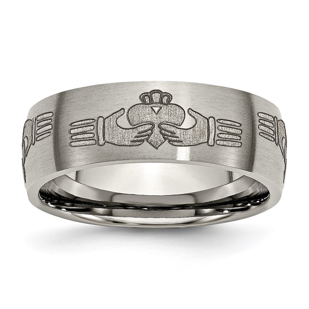 Titanium Brushed Claddagh Laser Design 8mm Band Size - 7.5