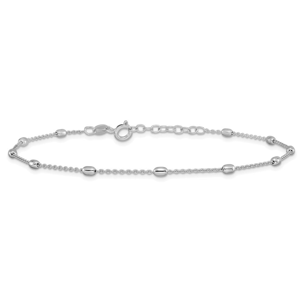 Sterling Silver RH-plated Polished Beaded with 1in ext. Anklet