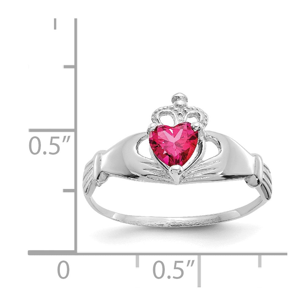 14k White Gold CZ July Birthstone Claddagh Heart Ring