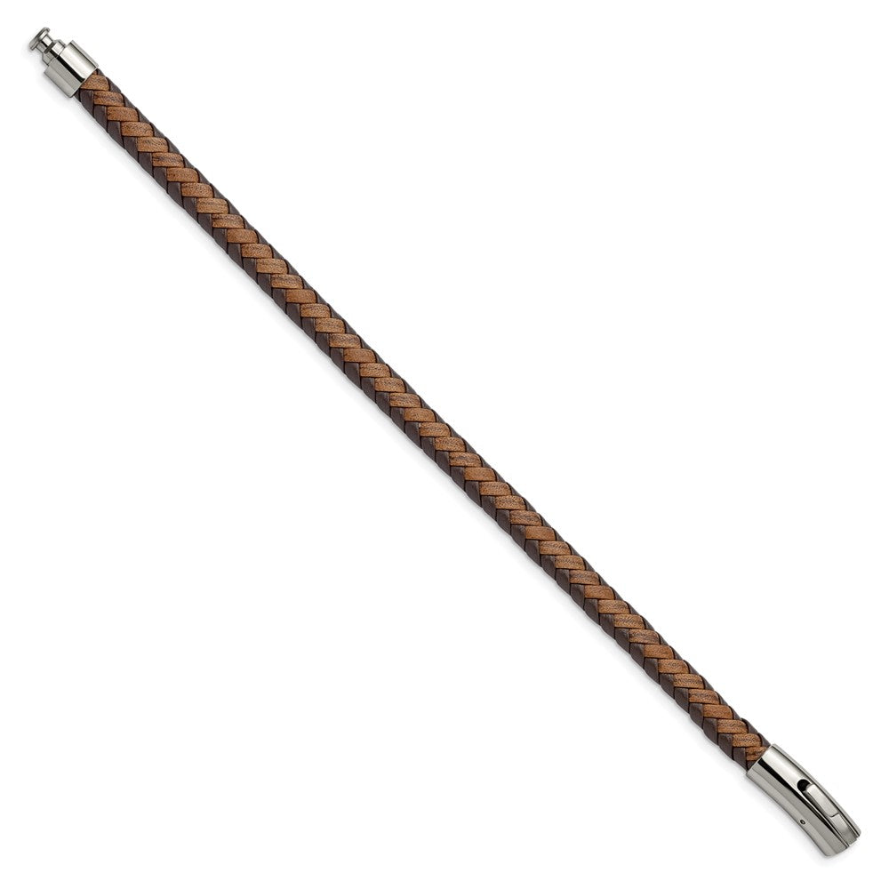 Stainless Steel Polished Brown Braided Leather 8.25in Bracelet 8.25 inches