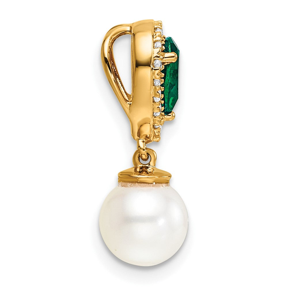 14K Polished Diamond Pearl and Emerald Teardrop Chain Slide