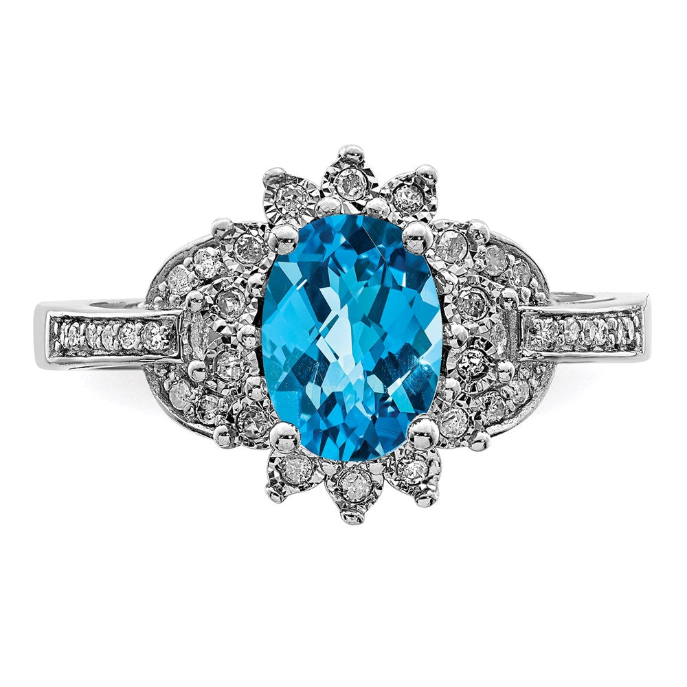 Sterling Silver Rhodium Diam. & Oval Checker-Cut Blue Topaz Ring