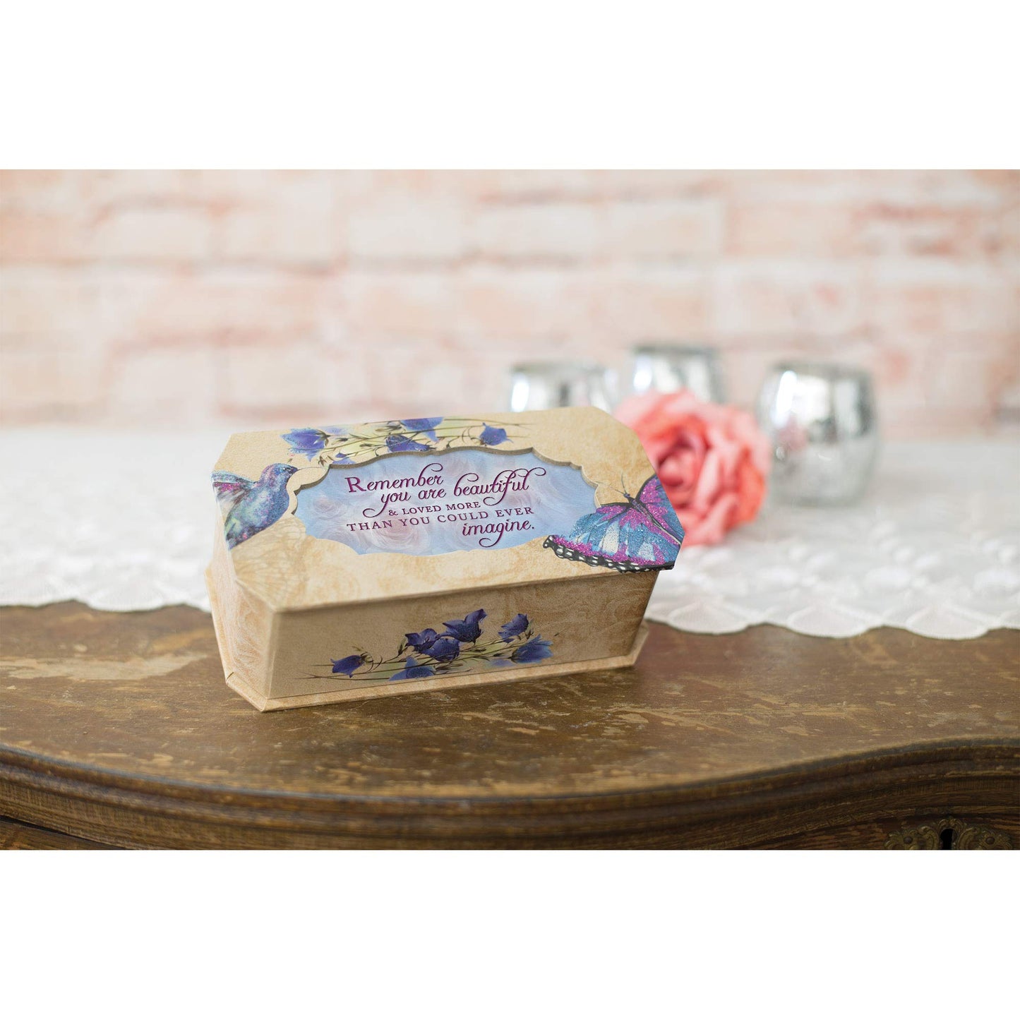 7.25" Beige Blue “Remember You Are Beautiful" Belle Papier Musical Box