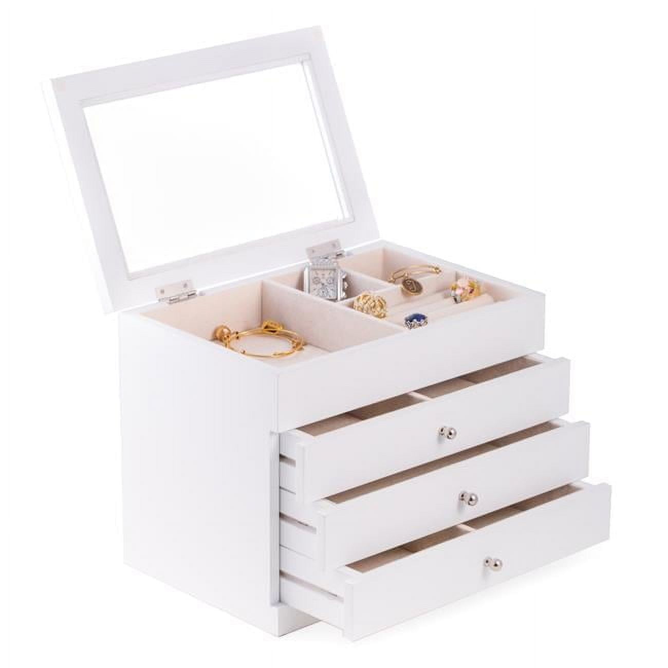 Bey-Berk International BB684WHT White Wood Jewelry Case with 3 Drawers & Glass See-Thru Top