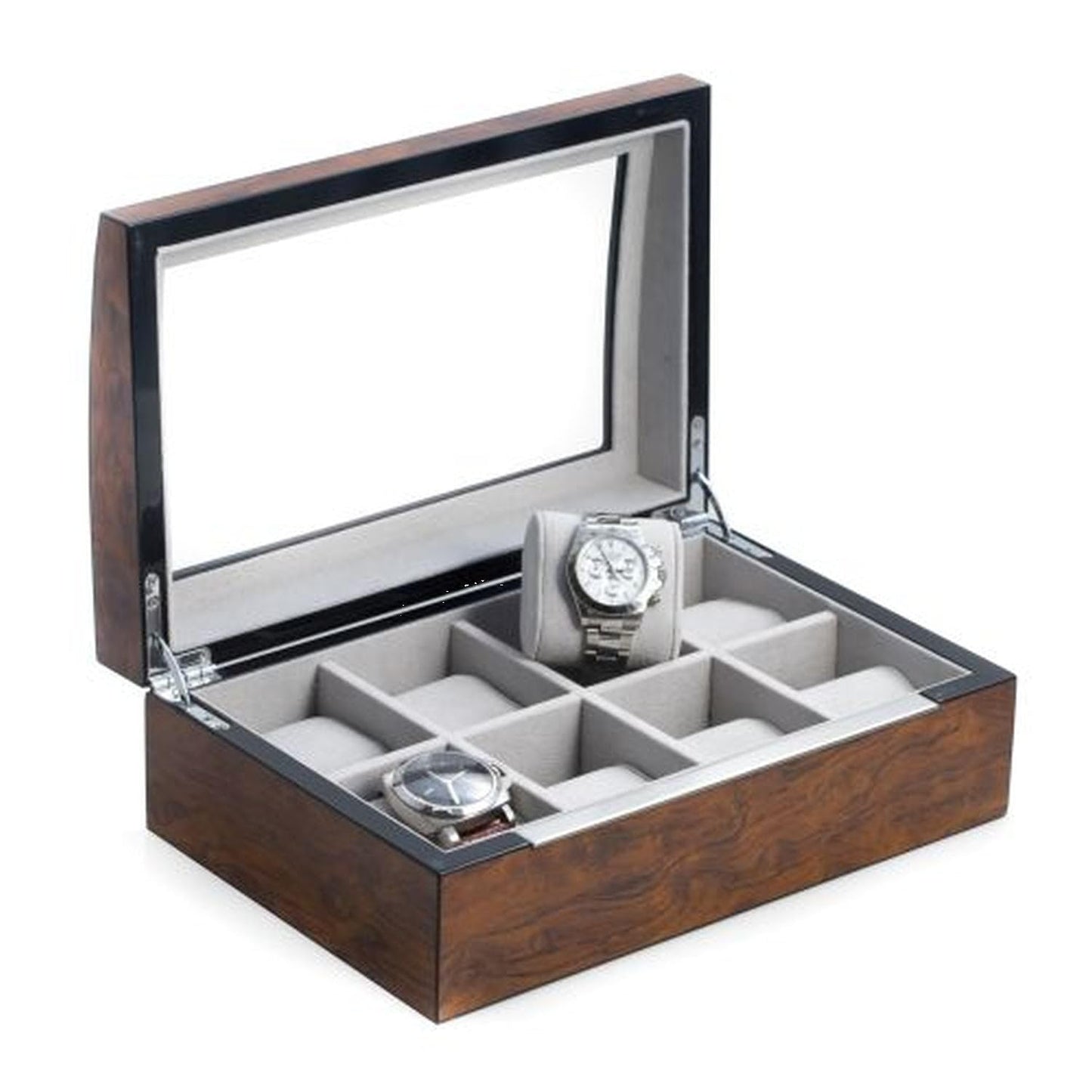 Bey-Berk International BB680BRL Lacquered Brown Burl Wood 8 Watch Case with Glass Top