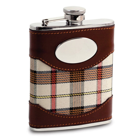 6 Oz. Stainless Steel Flask, Brown Leather & Beige Fabric