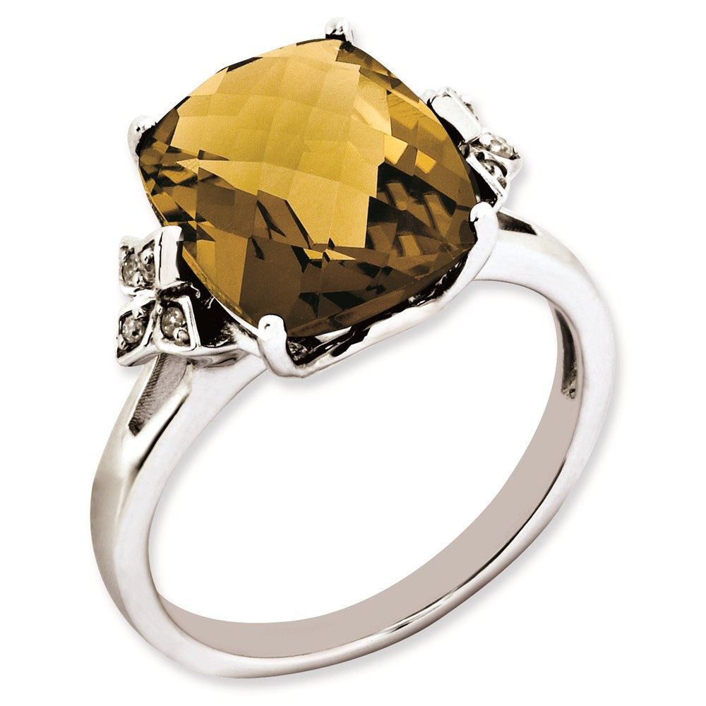 Sterling Silver RH-plated Checker-Cut Whiskey Quartz & Diamond Ring