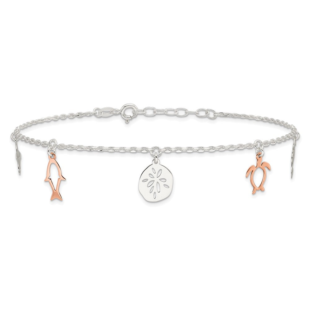 Sterling Silver Rose-tone Seashore Dangles 9in Plus 1in Ext. Anklet 9 inches
