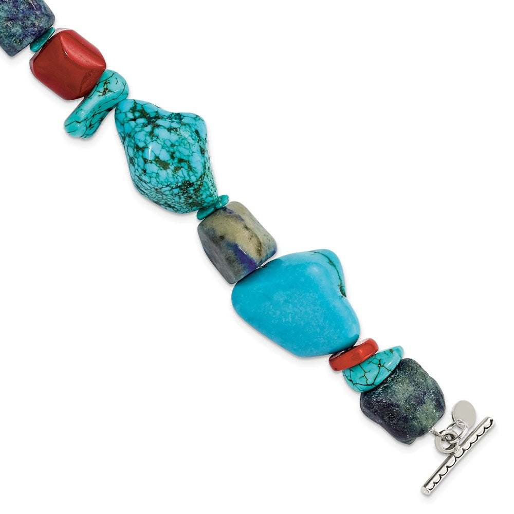 Sterling Silver Red Coral/Howlite/Lapis/Turquoise Bracelet 8 inches