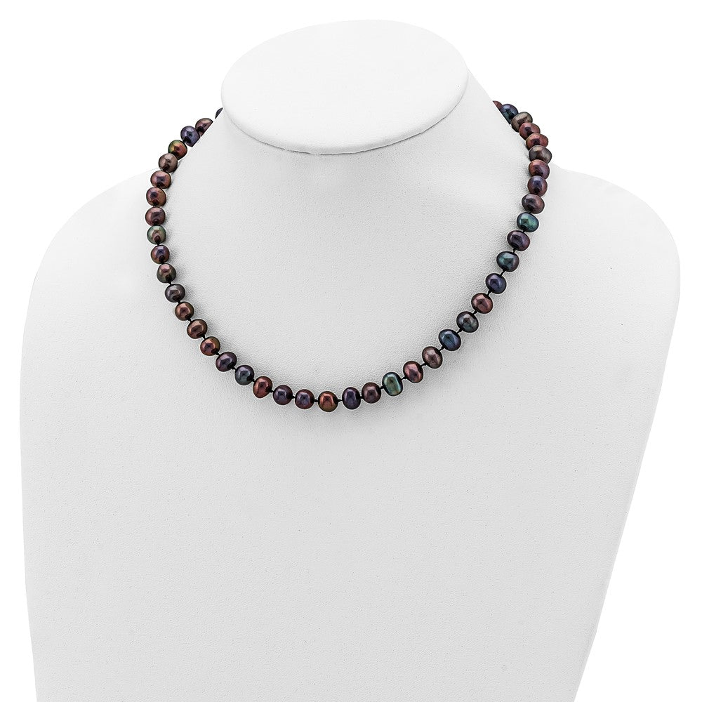 Sterling Silver Rhodium-plated 7-8mm Black Near-Round Freshwater Cultured Pearl 16 inch Necklace 16 Inches
