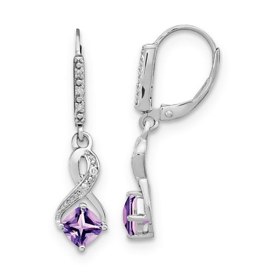 Sterling Silver Amethyst & Diamond Leverback Dangle Earrings