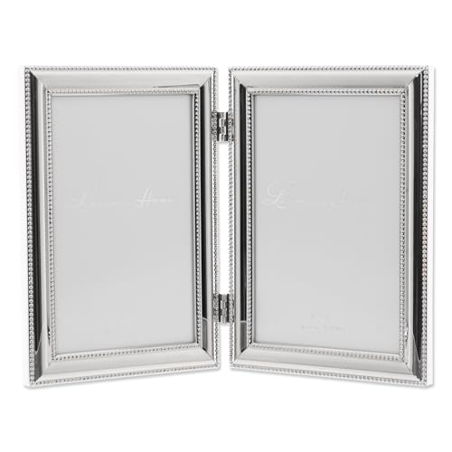 Lawrence Frames 4x6 Hinged Double (Vertical) Metal Picture Frame Silver-Plate with Delicate Beading