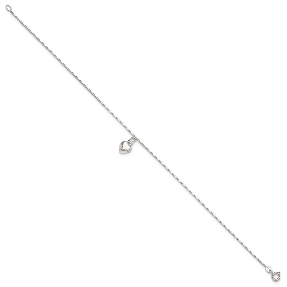 Sterling Silver 10inch Polished Puffed Heart Anklet 10 inches