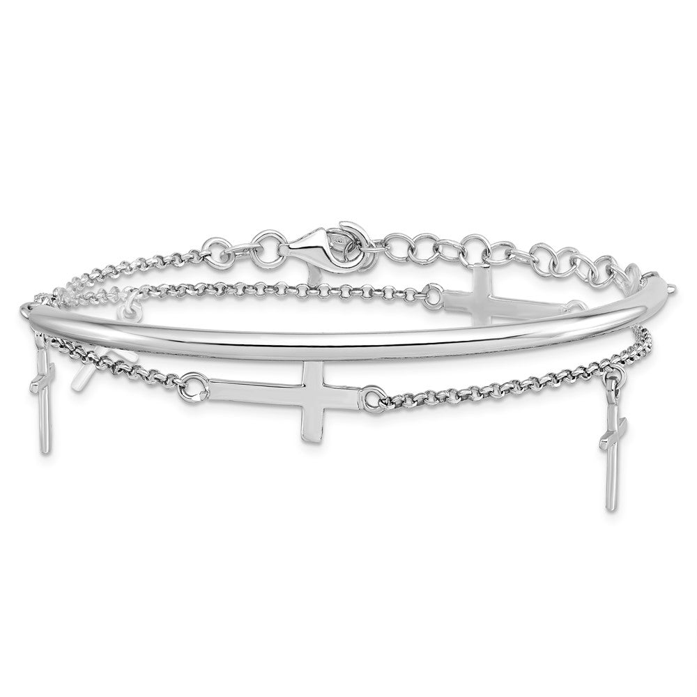 Sterling Silver RH-plt Polished Crosses w/2in ext. Wrap Bracelet 13  inches