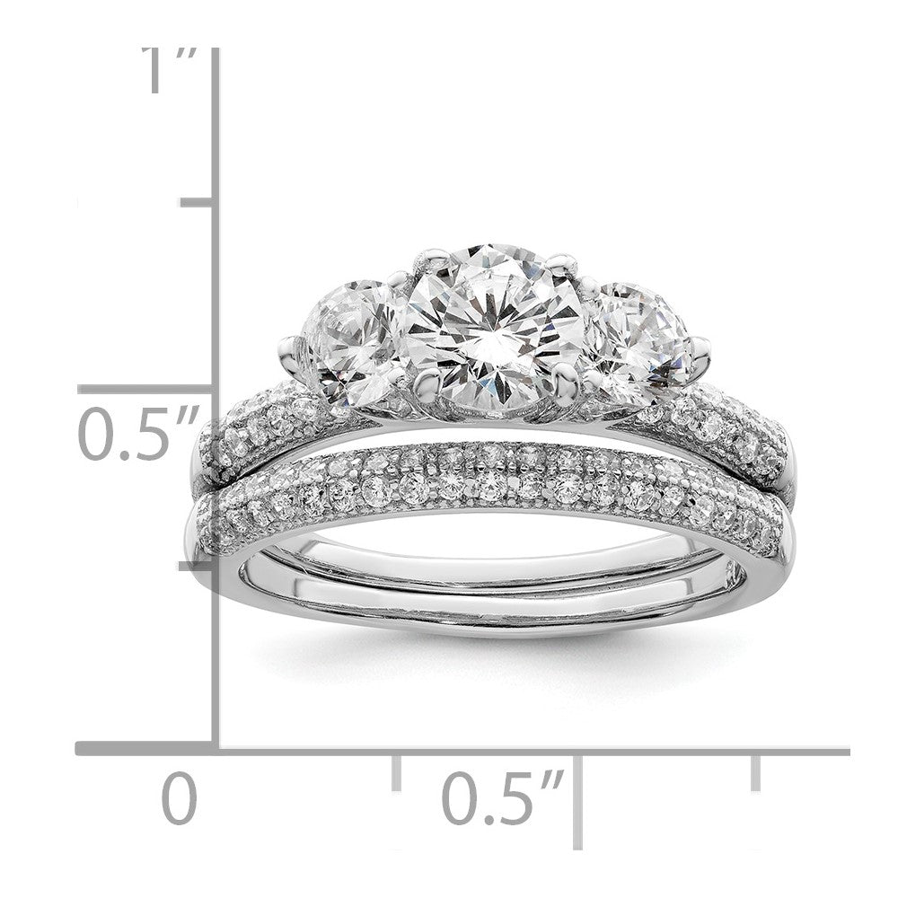 Sterling Silver Rhodium-plated CZ 3 Stone Pave Band Engagement Ring Set