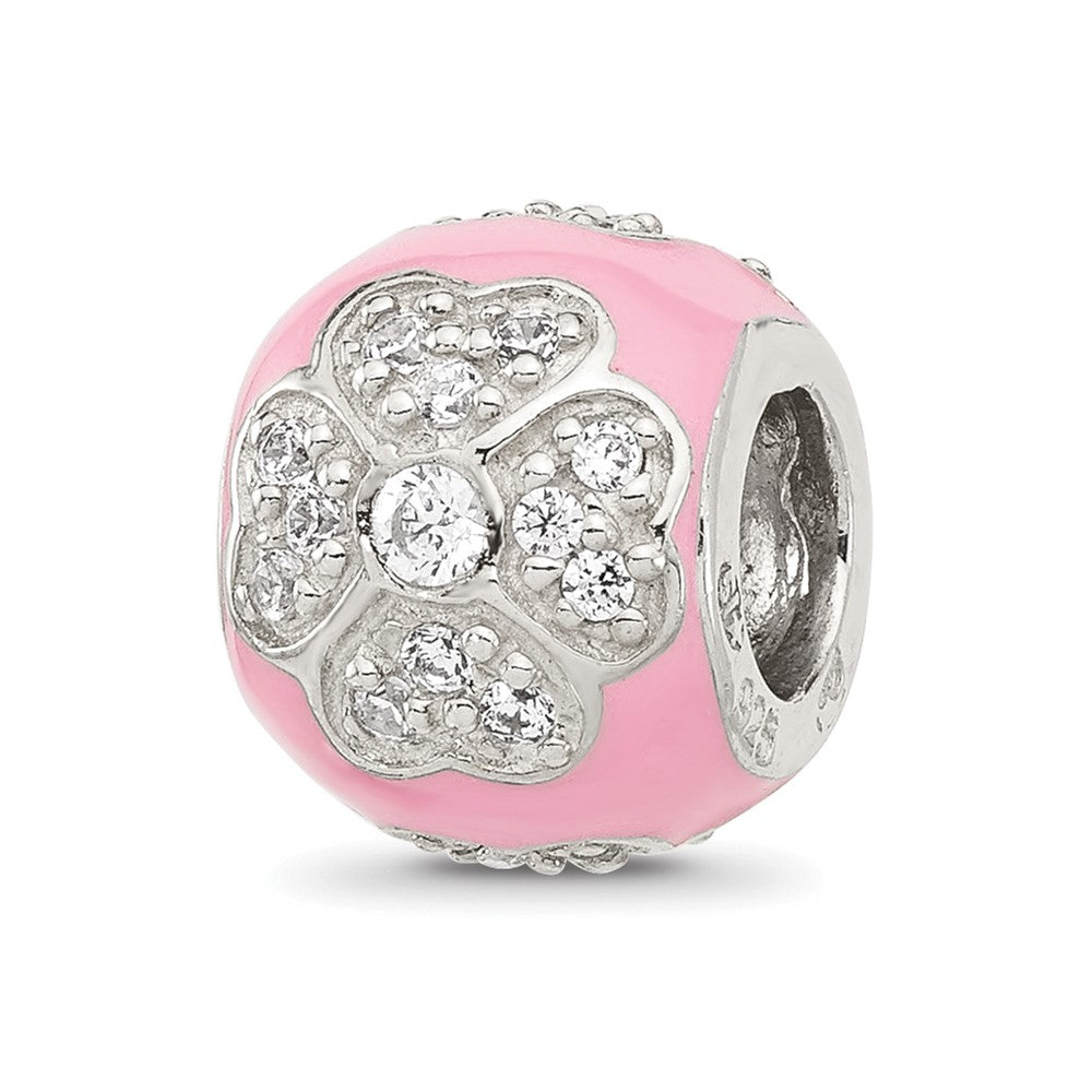 Sterling Silver Reflections CZ Pink Enameled Round Floral Bead