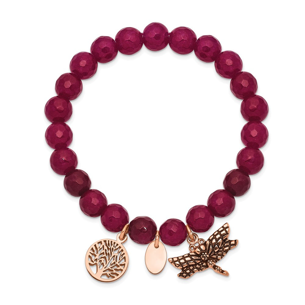 Stainless Steel Antiqued & Polished Rose IP Dragonfly Pink Dyed Jade Bracel 6.25 inches
