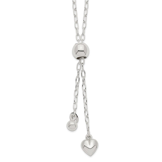 Sterling Silver 2mm Long Cable Link Heart Adjustable Necklace 36 Inches