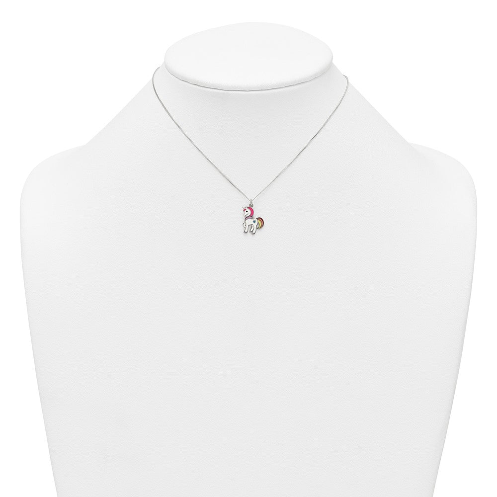 Sterling Silver Polished White and Rainbow Enameled Unicorn Childrens 14 inch Necklace