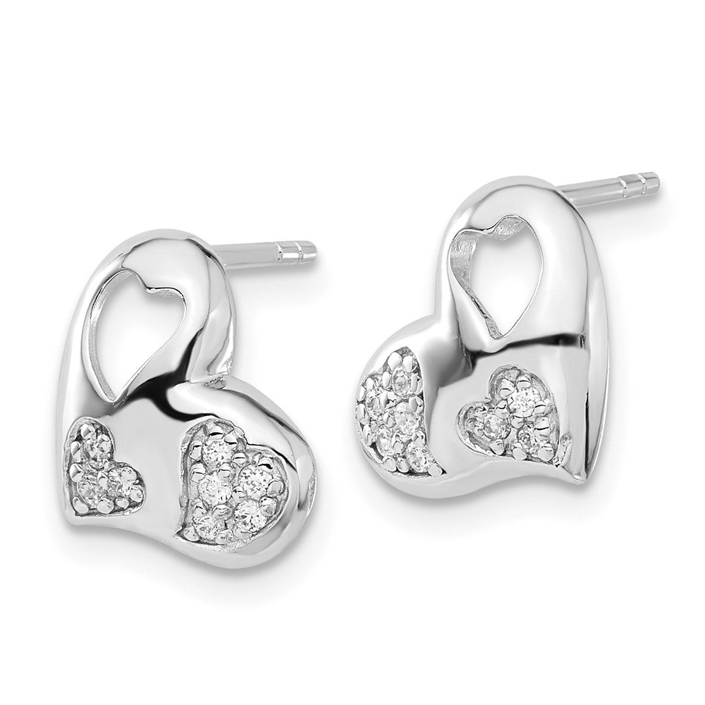 Sterling Silver Rhodium Plated CZ Heart Post Earrings