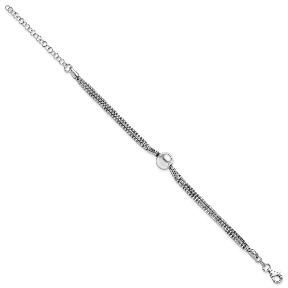 Sterling Silver RH-plt Polished 3-Strand Bead w/2in ext. Bracelet 9  inches