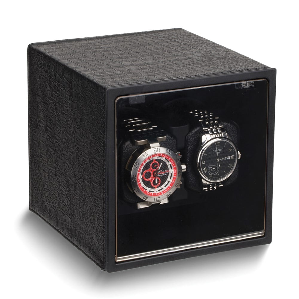 Rotations Black Faux Leather with Acrylic Window Wood Composite Dual Watch Winder (AC or Batteries) QGM18029