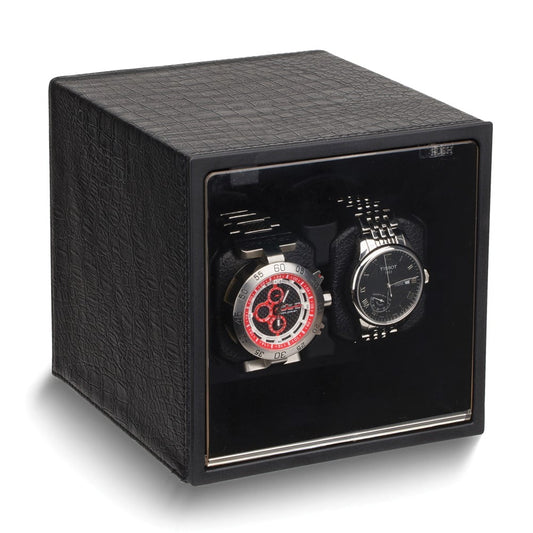 Rotations Black Faux Leather with Acrylic Window Wood Composite Dual Watch Winder (AC or Batteries) QGM18029