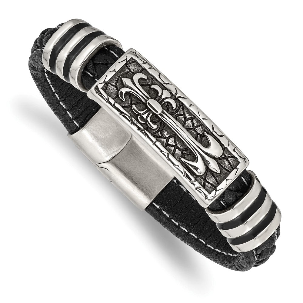 Stainless Steel Antiqued & Polished w/Enamel Faux Leather 8.5in Bracelet 8.5 inches
