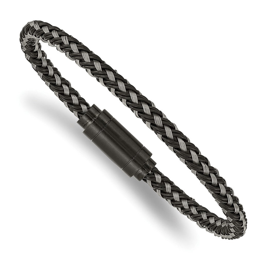 Stainless Steel Polished Black IP Braided Wire & Rubber 8.25in Bracelet 8.25 inches