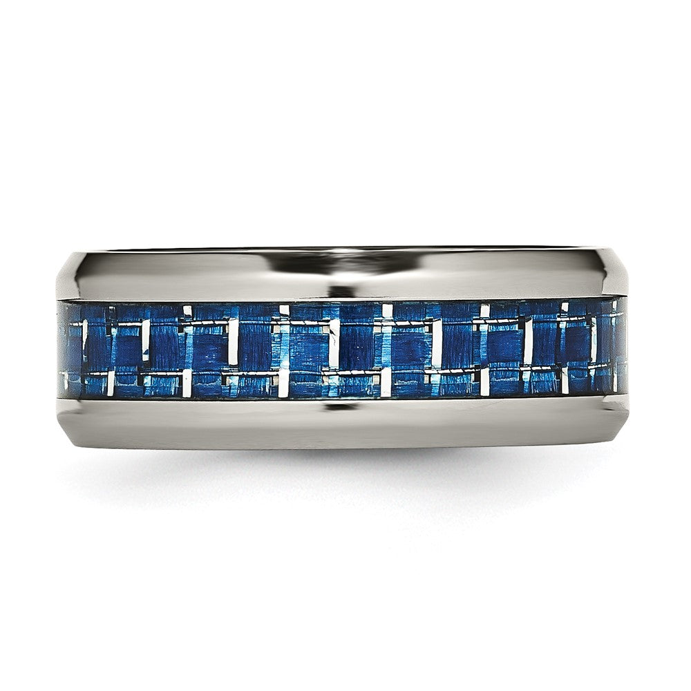 Titanium Polished with Blue/White Carbon Fiber Inlay 8mm Ring Size - 9.5