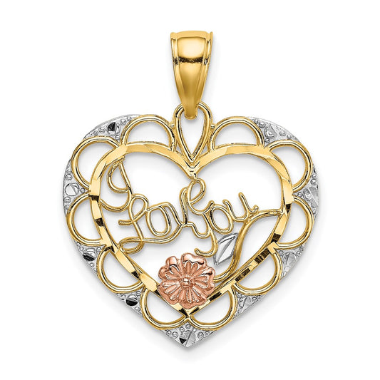 14k Two-one w/White Rhodium I LOVE YOU Heart w/ Flower Charm