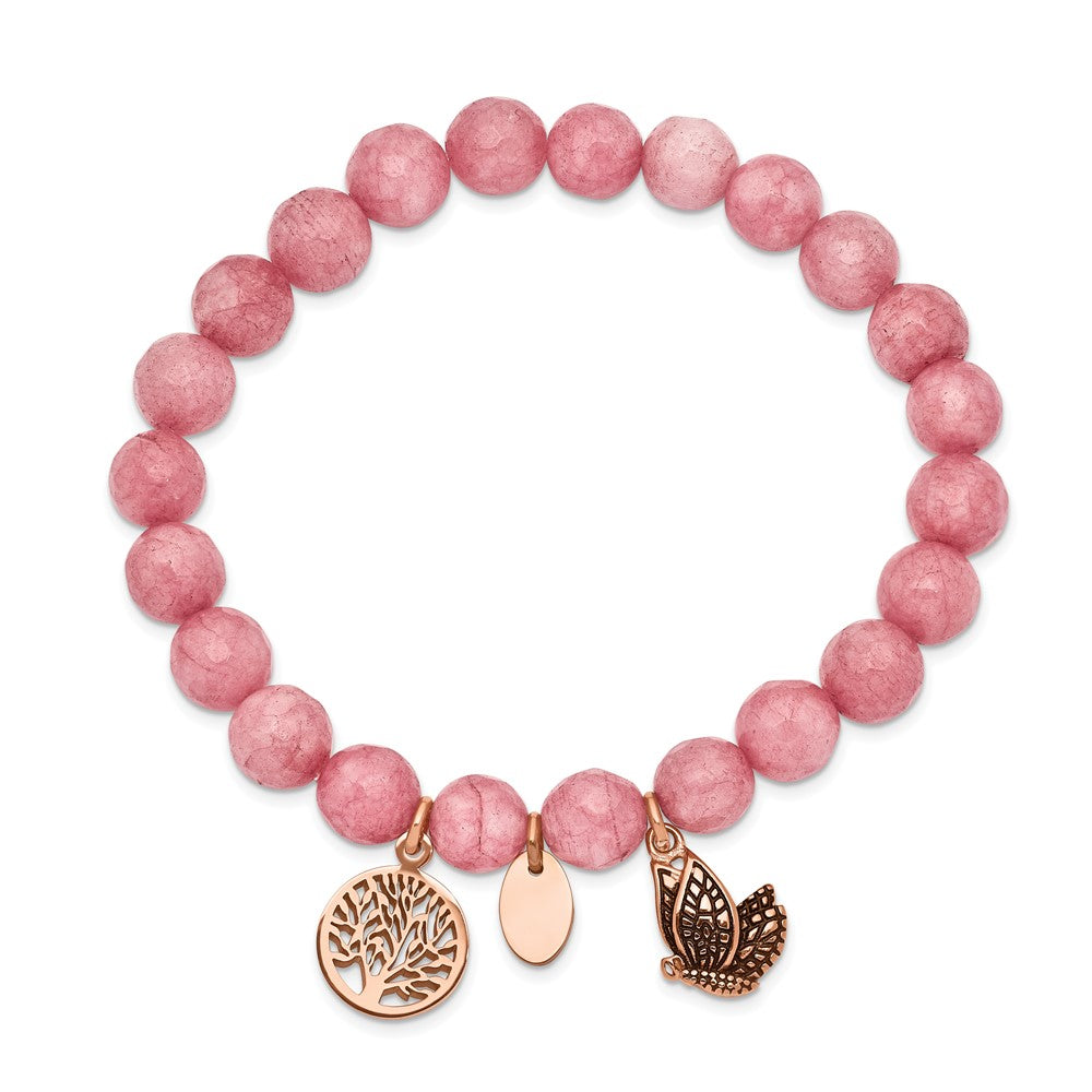 Stainless Steel Antique and Polish Rose IP Pink Dyed Jade Stretch Bracelet 6 inches