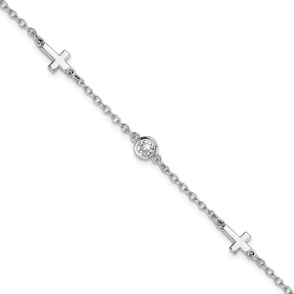 Sterling Silver Rhodium-plated CZ Cross w/ 1in ext. Bracelet 7  inches