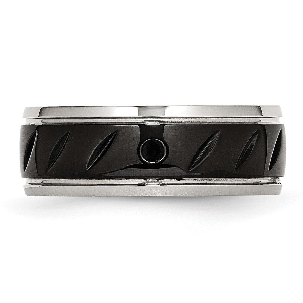 Stainless Steel Polished Black IP-plated 8mm Grooved Band Size - 9.5