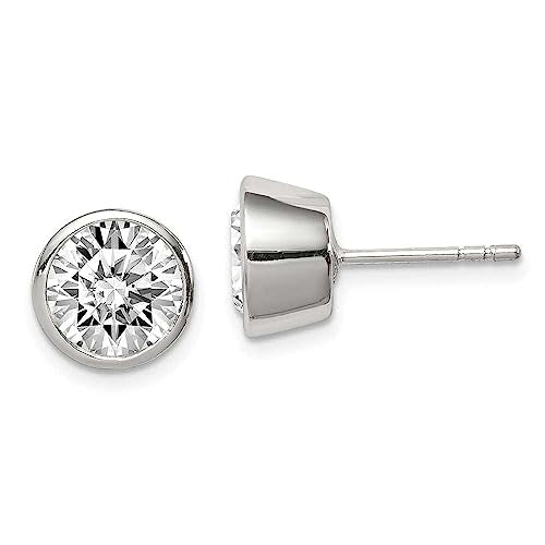 Sterling Silver Polished 8mm Round CZ Bezel Set Stud Earrings