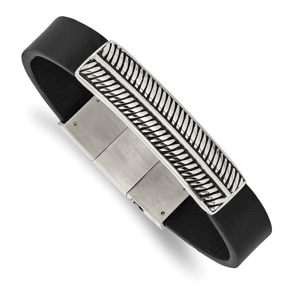 Stainless Steel Antiqued and Polished Black Leather w/.5in ext 8in Bracelet 8 inches