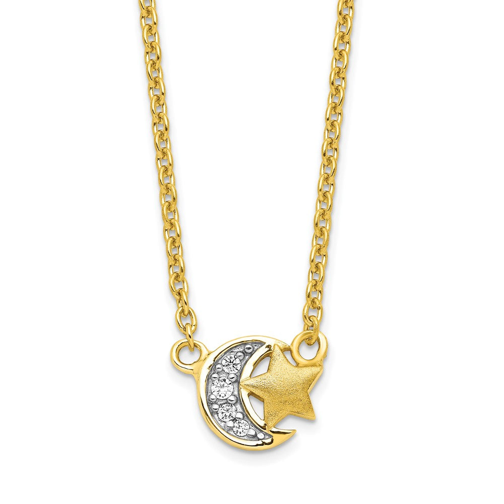 Sterling Silver Gold-tone CZ Satin Star and Polished Moon Necklace 17 Inches