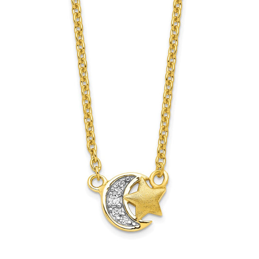 Sterling Silver Gold-tone CZ Satin Star and Polished Moon Necklace 17 Inches
