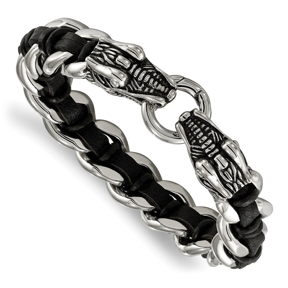 Stainless Steel Antiqued & Polished Dragon Head Black Leather Bracelet 8.5 inches