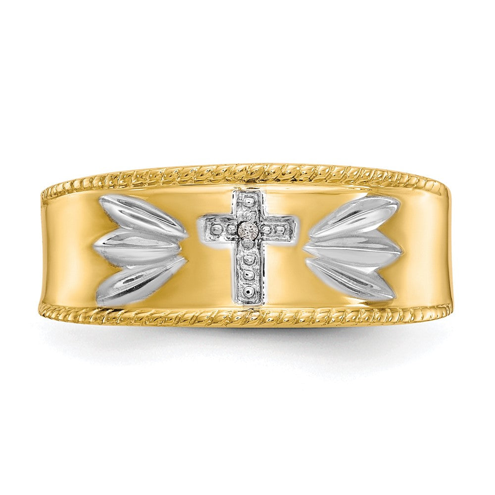 10k & Rhodium .01ct. Diamond Trio Men's Cross Wedding Band