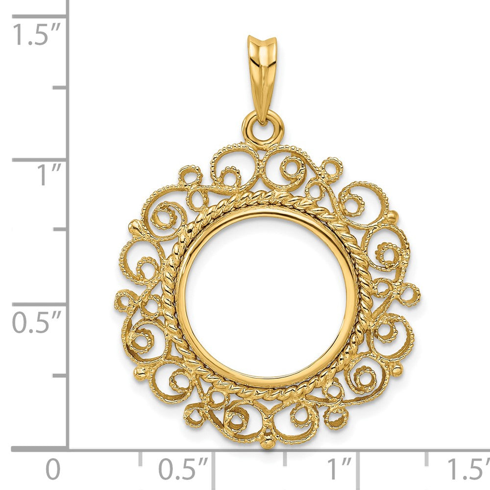 Wideband Distinguished Coin Jewelry 14k Polished and Textured Victorian 16.0mm Prong Coin Bezel Pendant