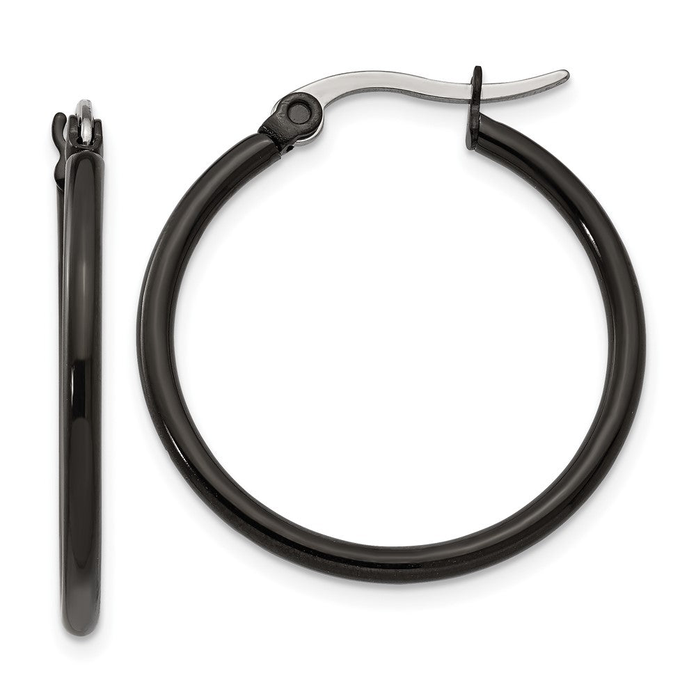 Stainless Steel Polished Black IP-plated 26mm Diameter Hoop Earrings