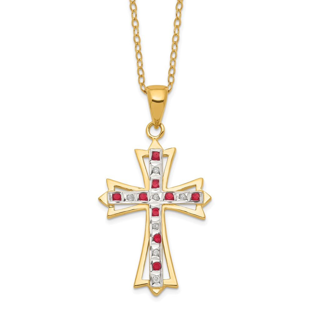 Diamond Fascination Diamond Mystique Sterling Silver 18K Gold-plated Diamond and Ruby Cross 18 Inch Necklace 18 Inches