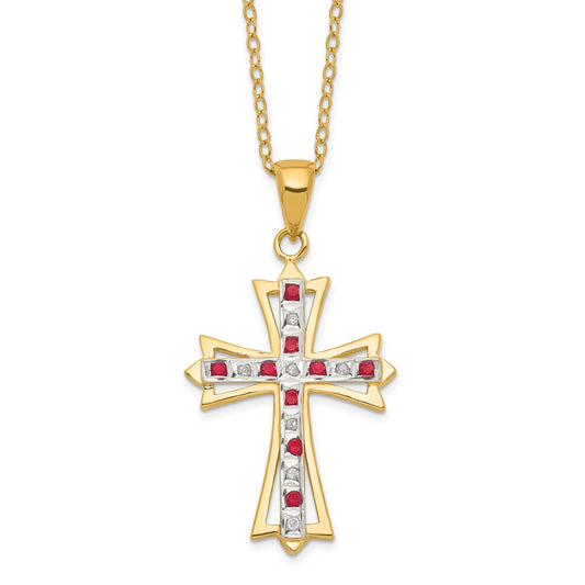 Diamond Fascination Diamond Mystique Sterling Silver 18K Gold-plated Diamond and Ruby Cross 18 Inch Necklace 18 Inches