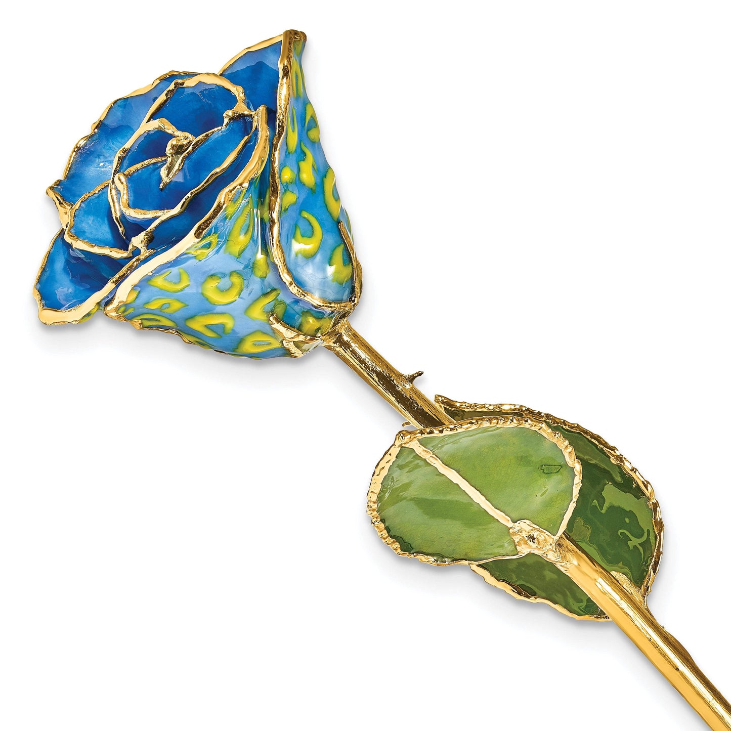 Lacquer Dipped Gold Trimmed Yellow and Blue Leopard Real Rose