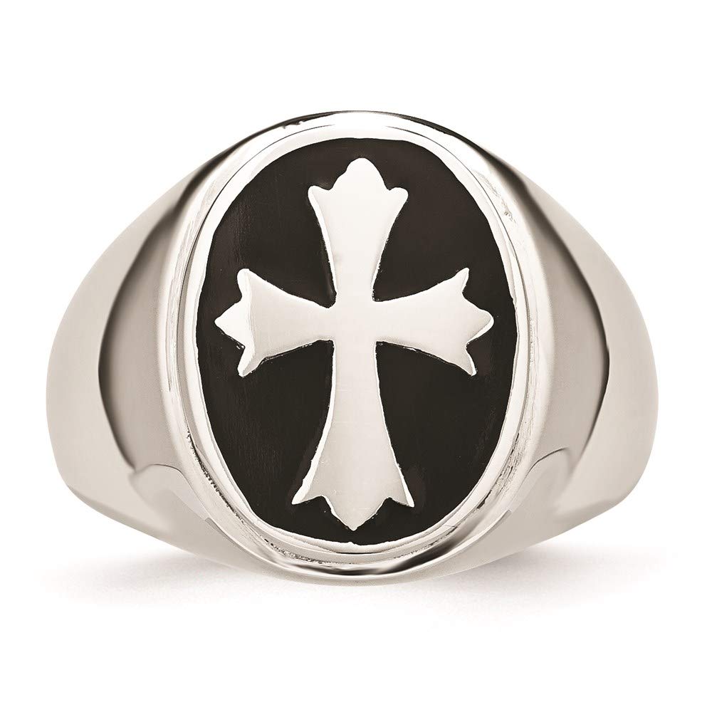 Stainless Steel Polished Black Enameled Cross Ring Size - 9