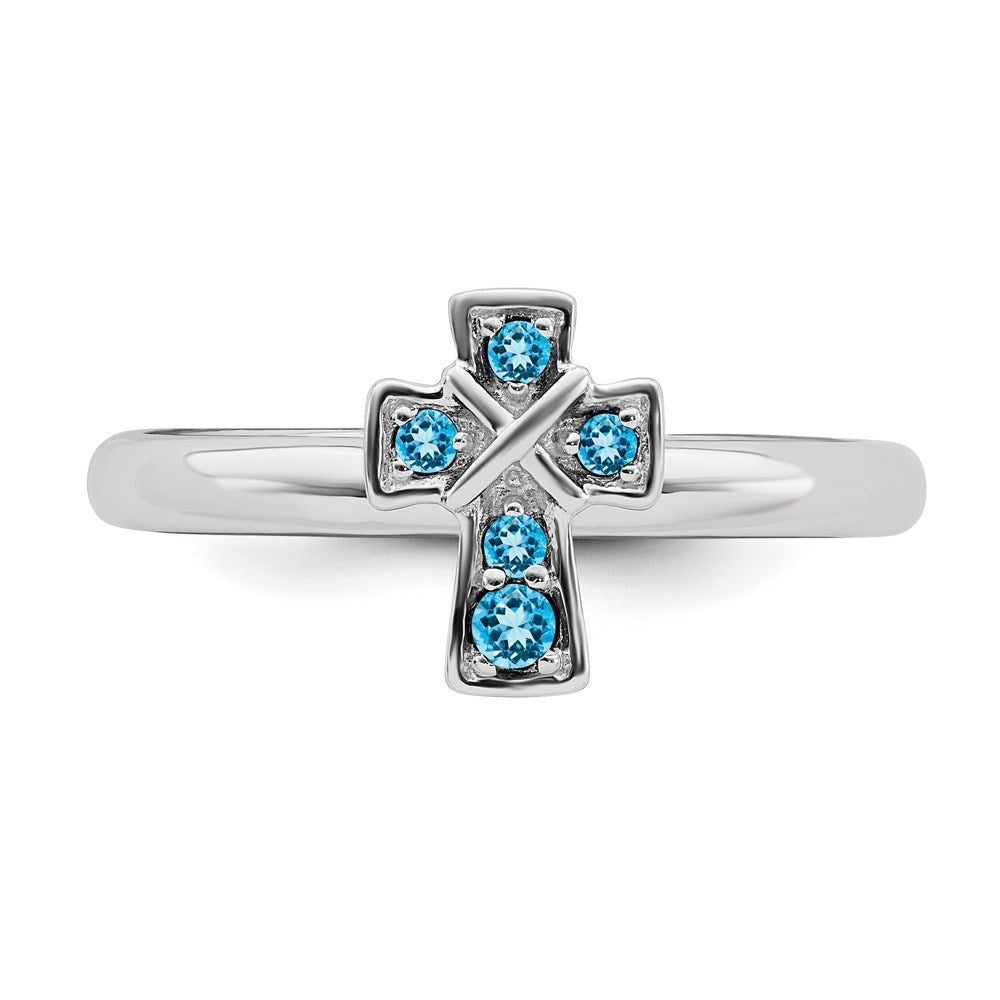 Sterling Silver Stackable Expressions Rhodium Blue Topaz Cross Ring Size -6